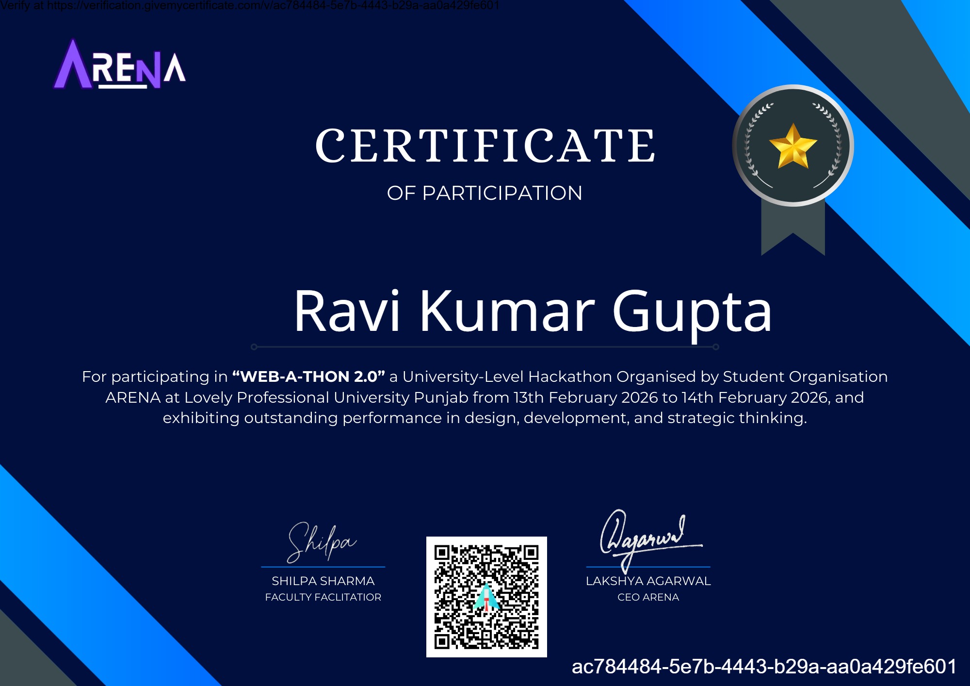 WEB-A-THON 2.0 Certificate